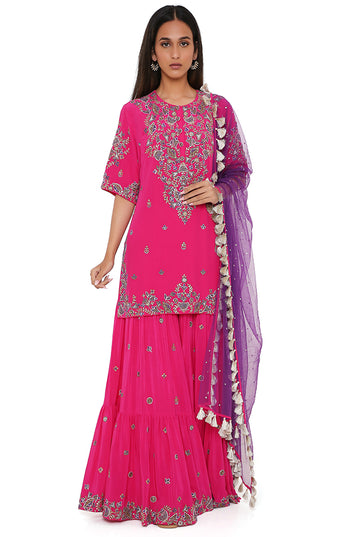 Hot Pink Crepe Embroidered Kurta And Sharara Set