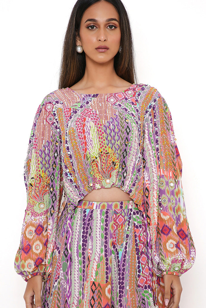 African Print Crepe Embroidered Drawstring Top With Lehenga
