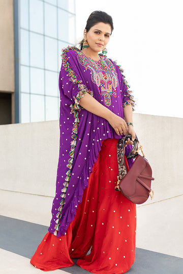 Purple Yoke Embroidered Frill Kaftan and Sharara Set