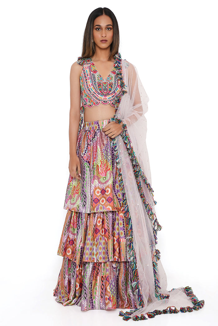 Blush Georgette Embroidered Choli With African Print Dupion Silk Ruffled Skirt