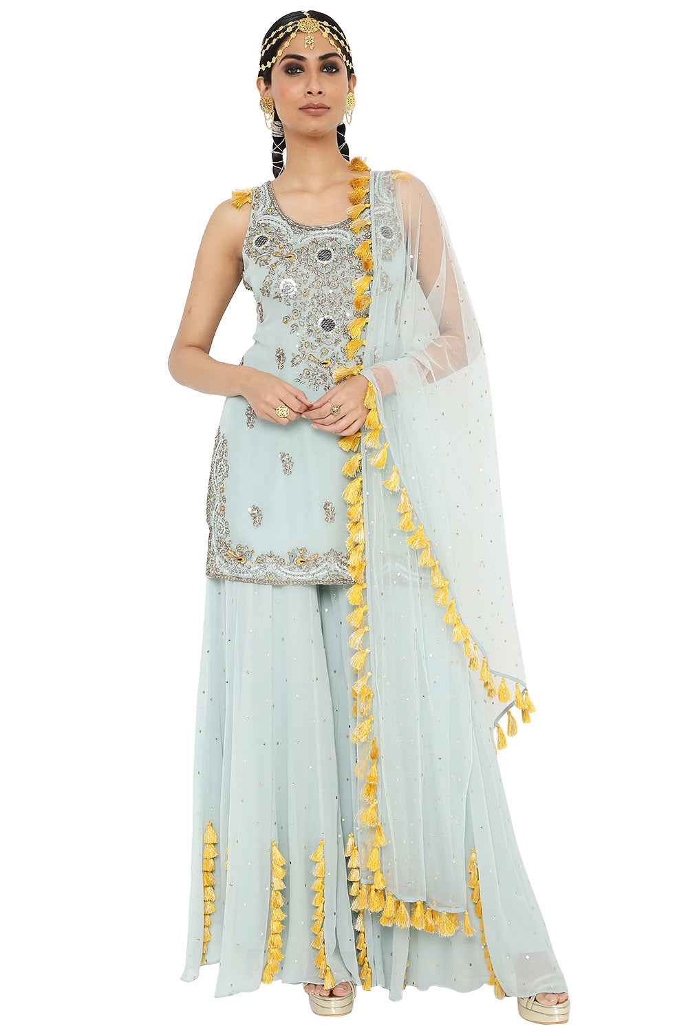 Shazya Embroidered Kurta With Sharara And Dupatta