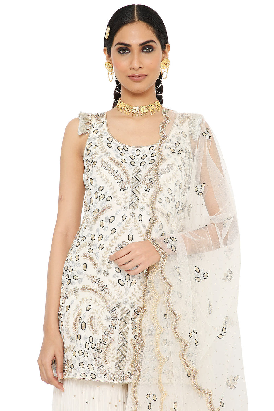 Afra Embroidered Kurta With Sharara And Net Dupatta