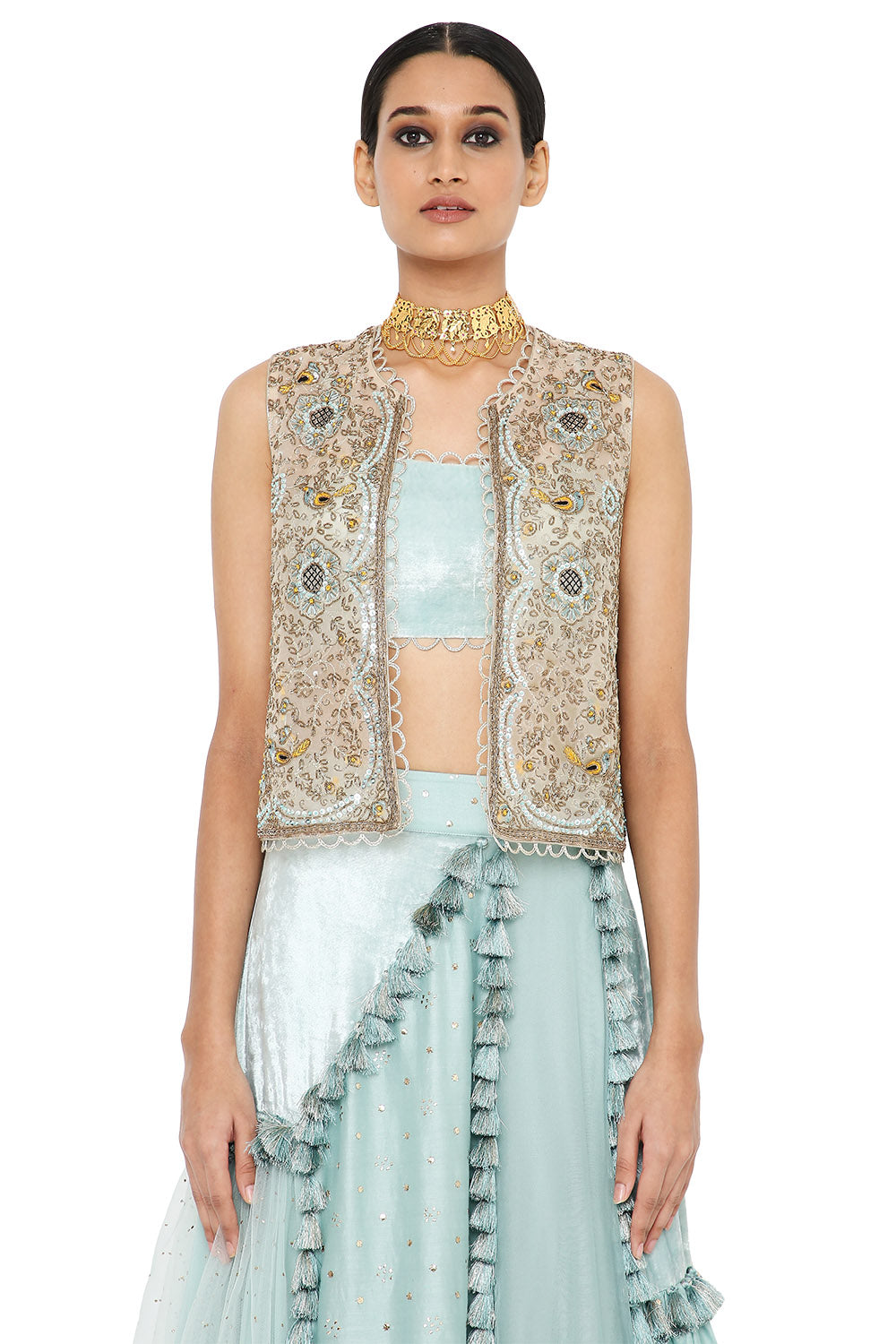 Erum Embroidered Jacket With Bustier And Multi Kali Lehenga