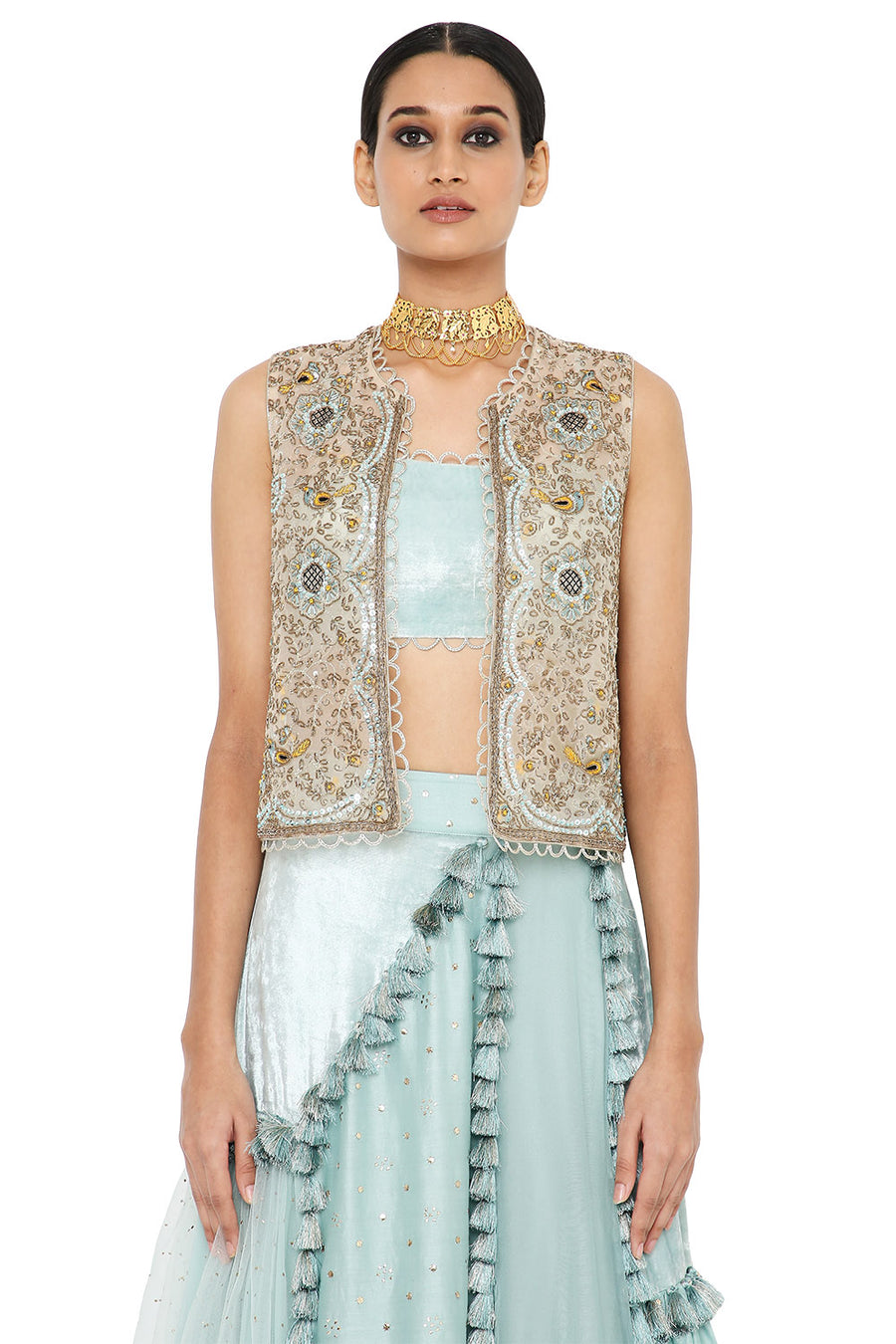 Payal Singhal  Stone Jacket And Bustier With Denim Sharara –  LIVEtheCOLLECTIVE