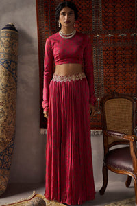 Cherry Red Satin Silk Crop Top and Skirt Set