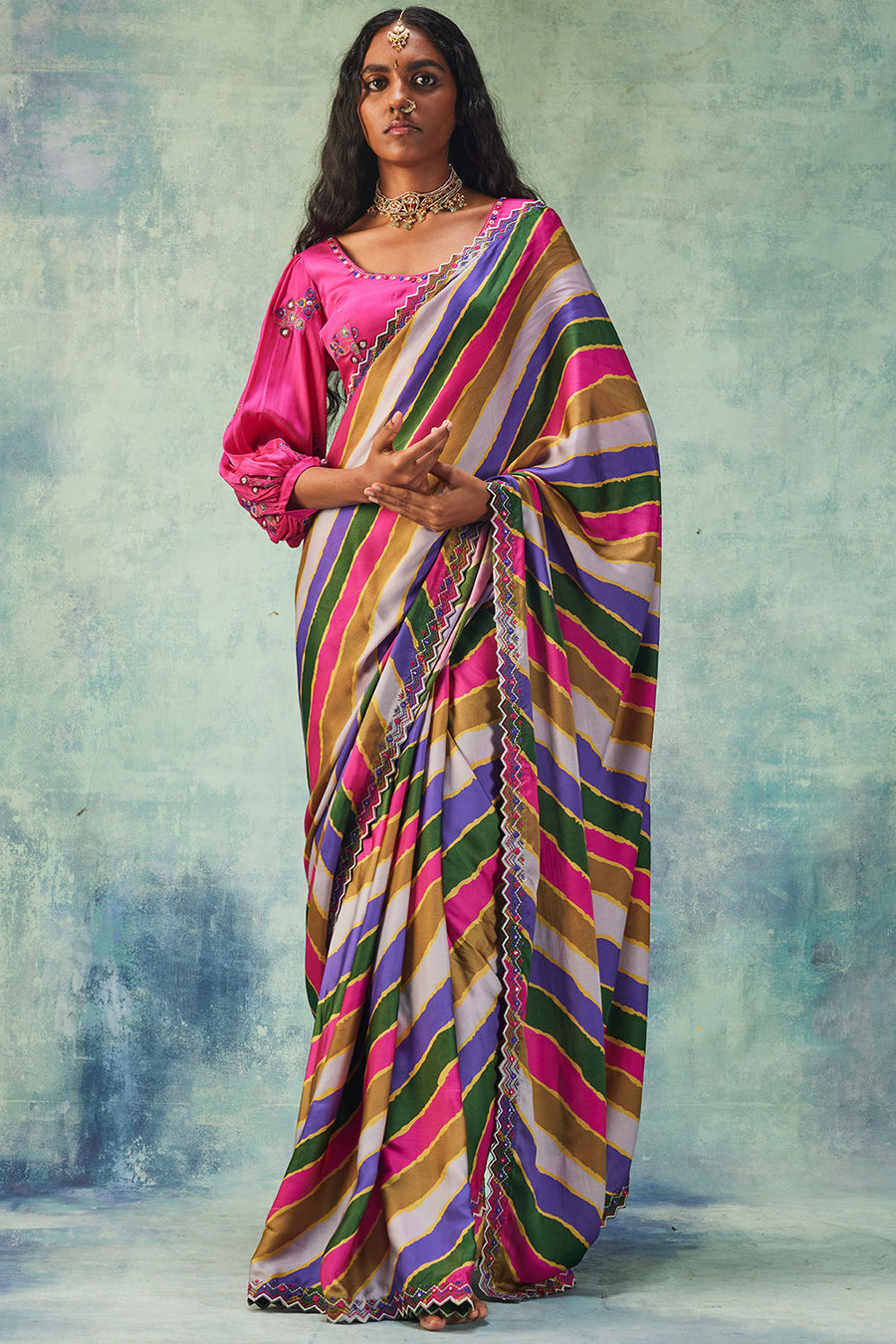 Stripe Saree with Rani Pink Blouse