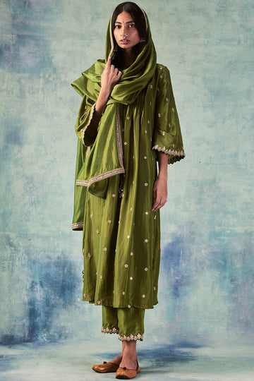 Olive Green Silk Anarkali Set