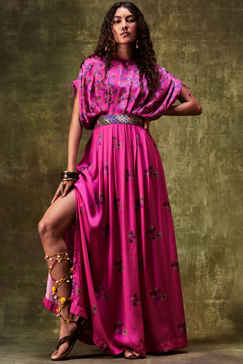Pink Printed Waistbelt Dress