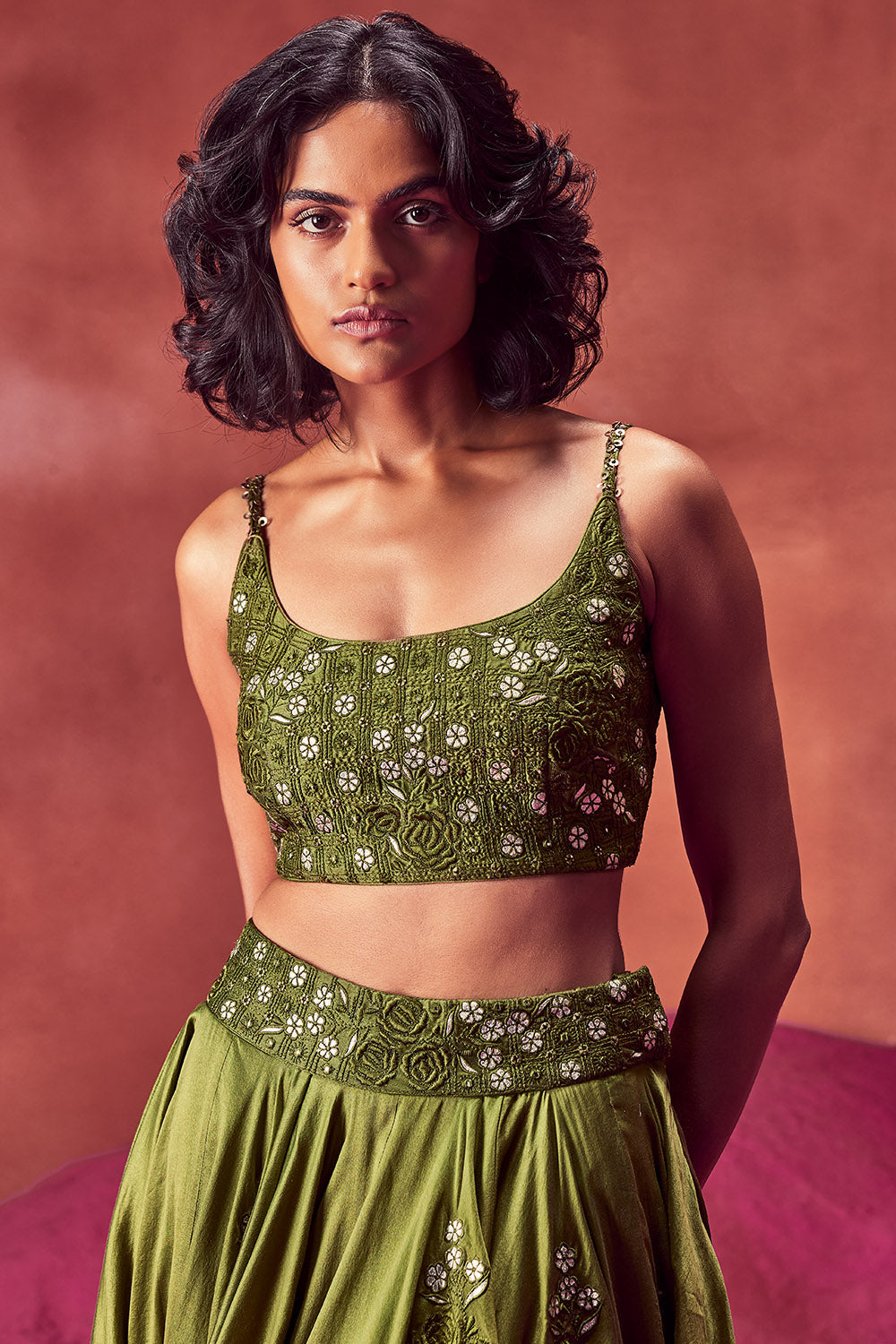 Olive Green Resham Lehenga