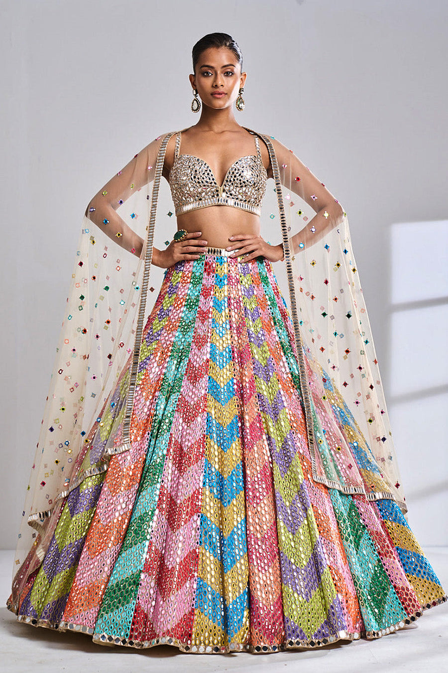 RE - Multi Colored Mouch Satin Mirror Work Lehenga Choli - Latest Lehengas  - New In - Indian