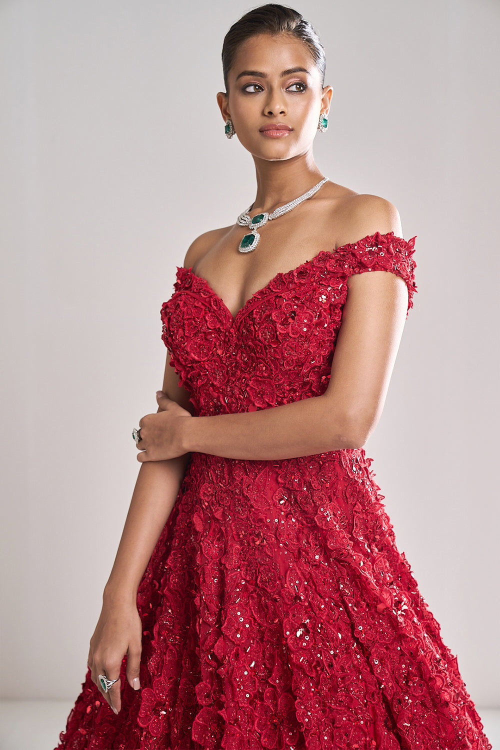 Red Three-Dimensional Off shoulder Gown