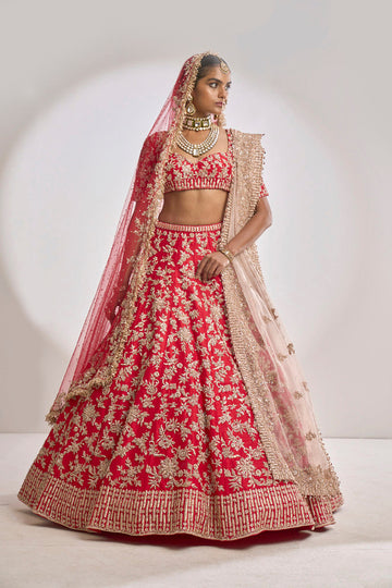 Red Rose Gold Zardosi Lehenga Set