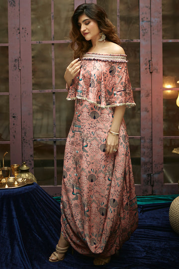 Pink Mor Jaal Off Shoulder Dress Set