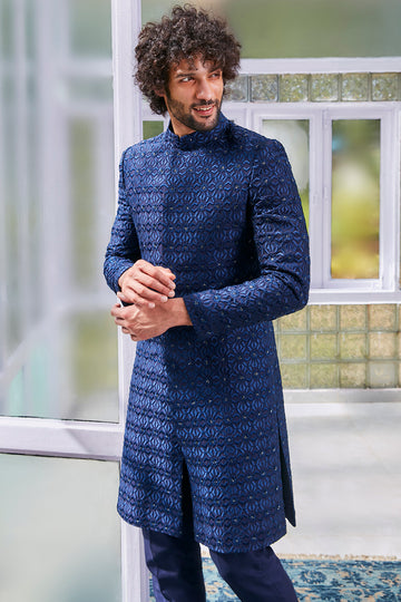 Blue Sherwani Jacket with Self Geo Embroidery