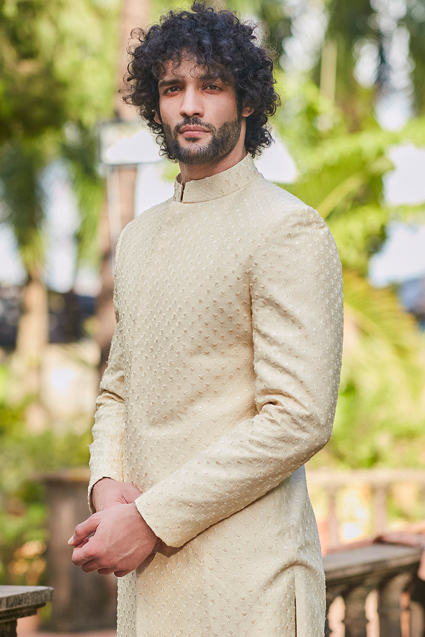 Beige Sherwani with Self Flower Butti and Pant