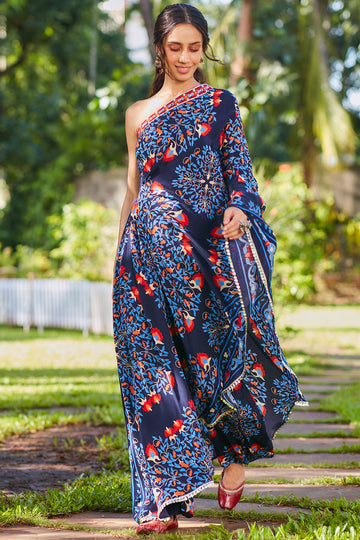 Blue Big Butta One Shoulder Saree and Pant Set