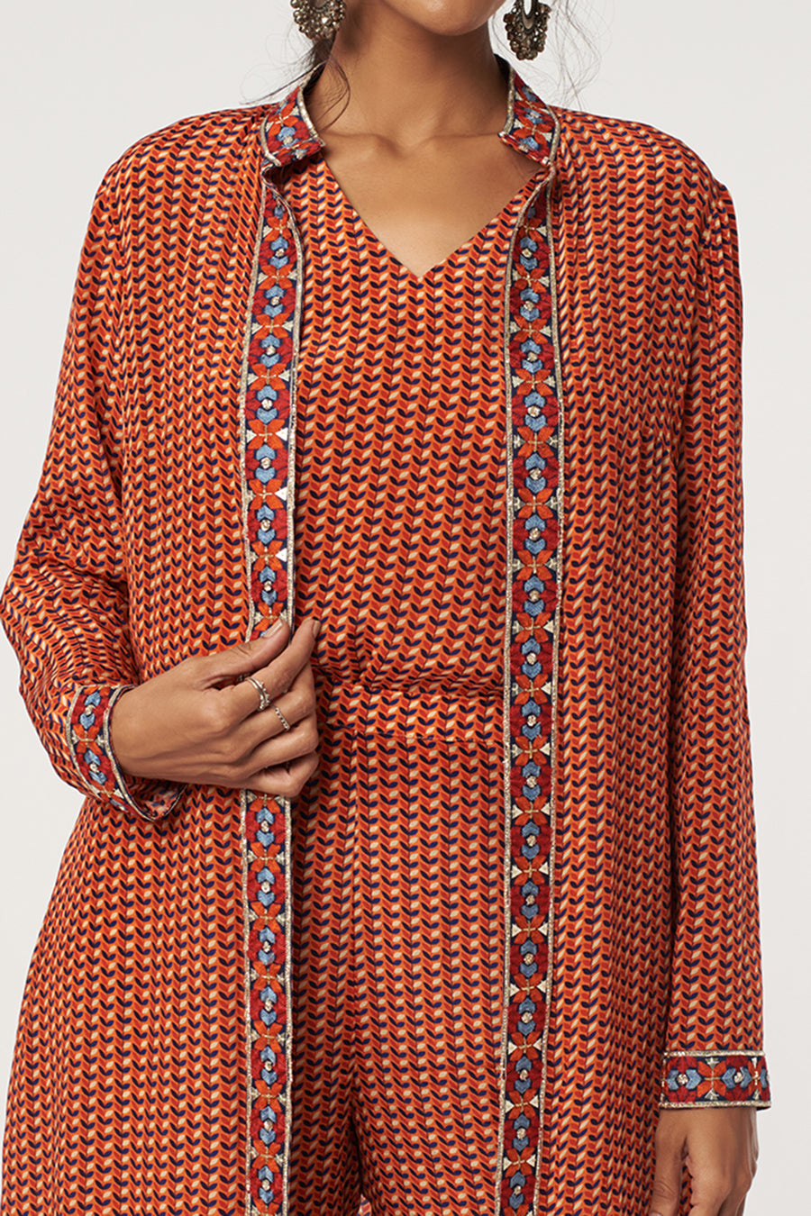 Orange Leaf Print Long Jacket Set