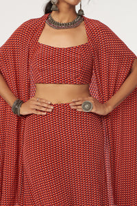 Red Leaf Print Drape Skirt Set