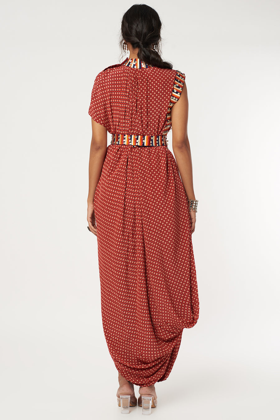 Red Geo Print Drape Dress