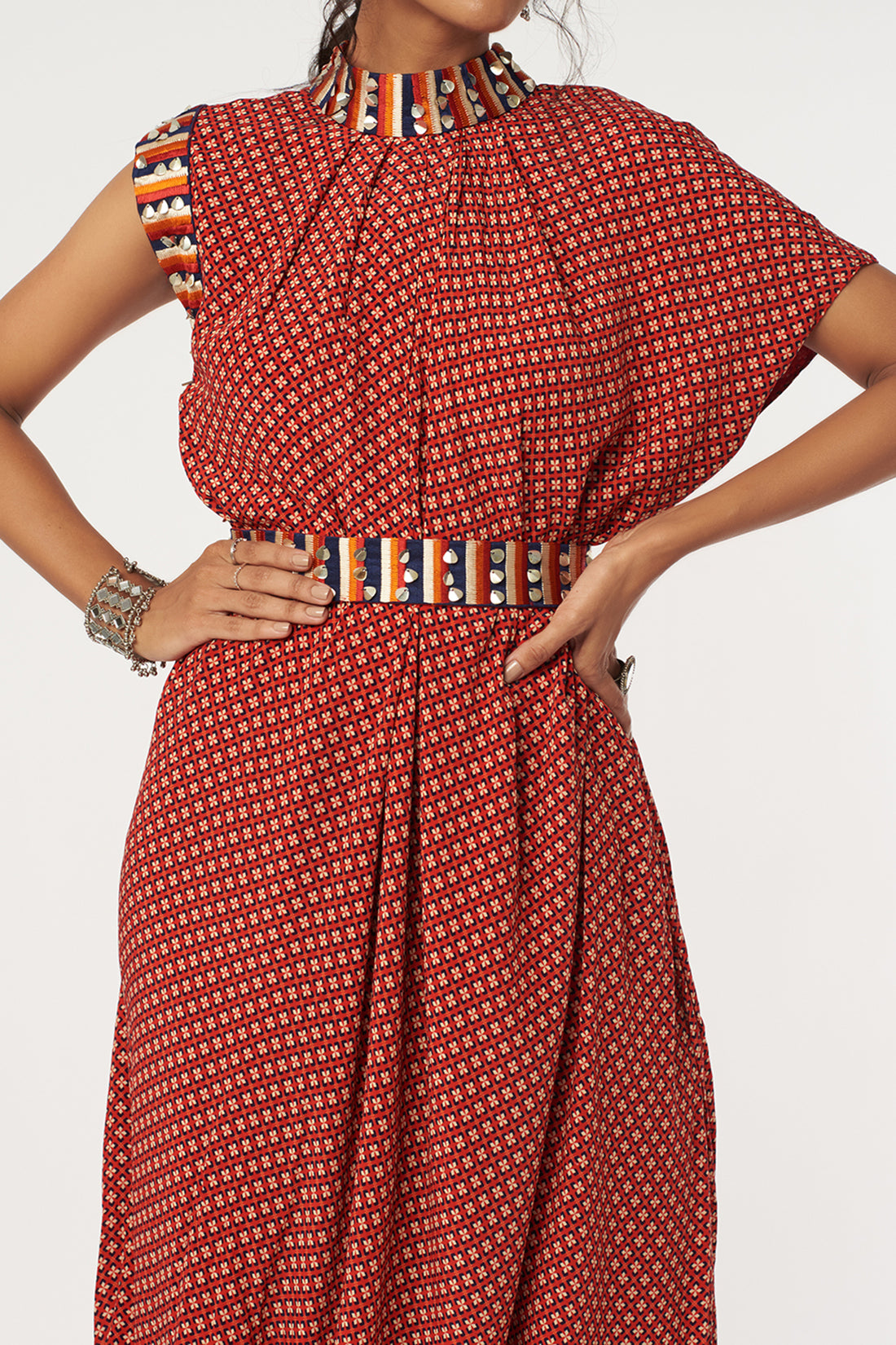 Red Geo Print Drape Dress