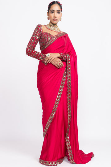 Red satin saree set