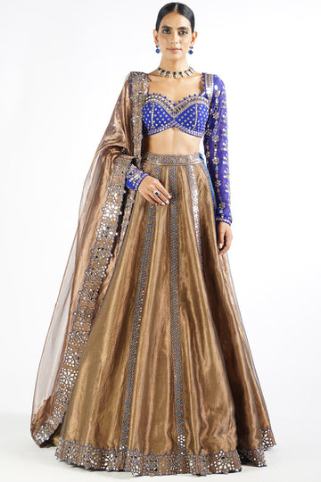 Royal Blue And Copper Shimmer Organza Lehenga Set