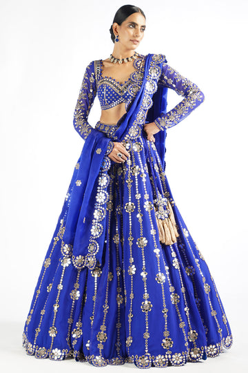 Royal Blue Big Flower Linear Lehenga Set