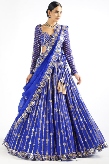 Royal Blue Small Flower Linear Lehenga Set