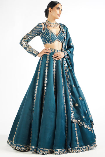 Dark Teal Flower Linear Lehenga Set