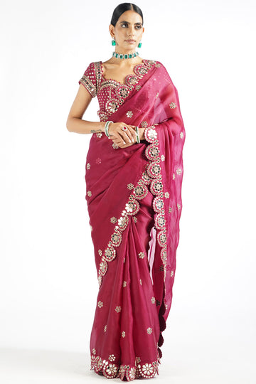 Mellow Wine Mirror Work Blouse Saree Set