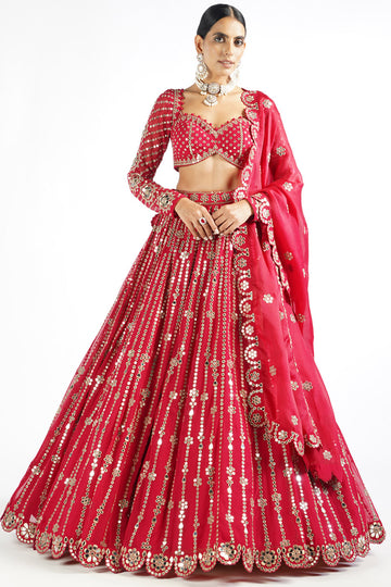 Crimson Red Small Flower Linear Lehenga Set