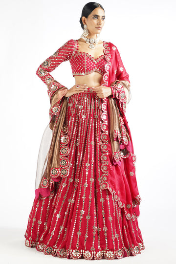 Crimson Red Small Flower Linear Lehenga Set