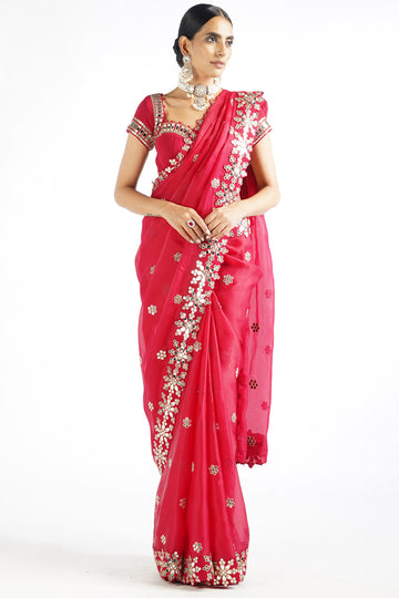 Crimson Red Mirror Work Saree