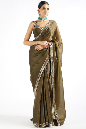 Olive Green Mirror Work Saree Set