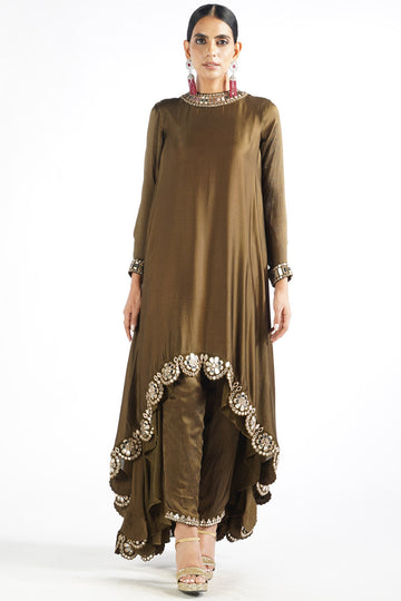 Olive Green Scallop Pant Kurta Set