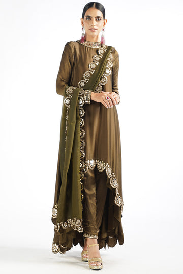 Olive Green Mirror Scallop Pant Kurta Set