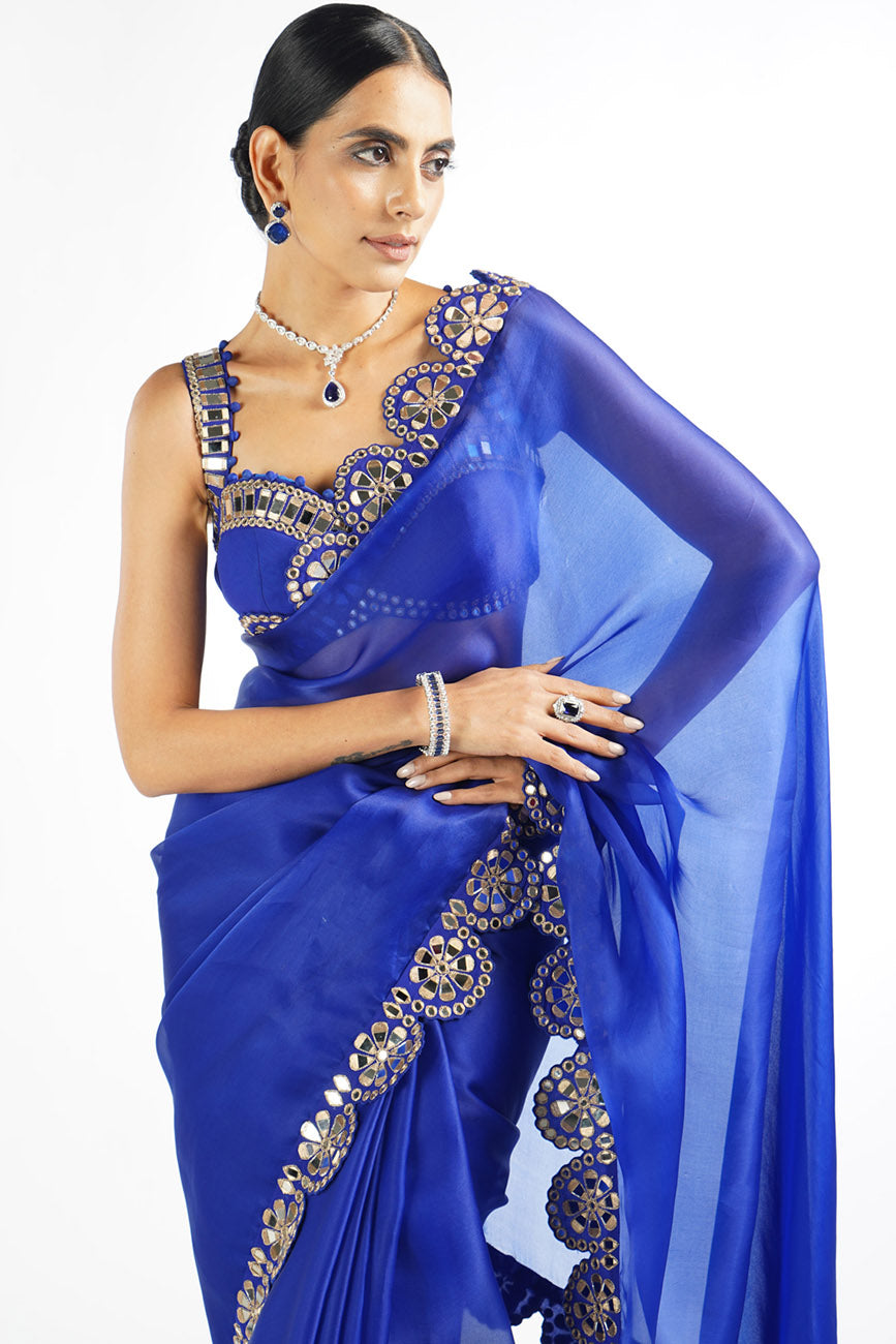 Royal Blue Mirror Scallop Saree Set