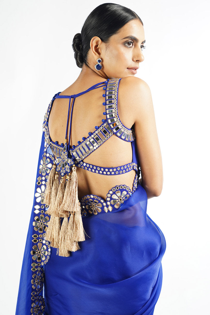 Royal Blue Mirror Scallop Saree Set