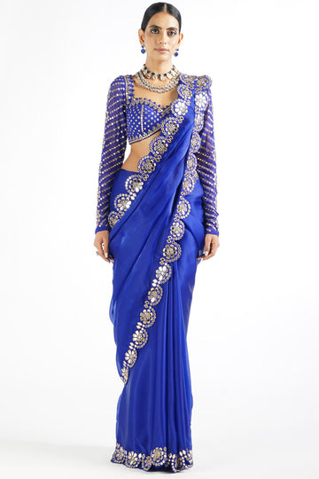 Royal Blue Mirror Work Blouse Saree Set