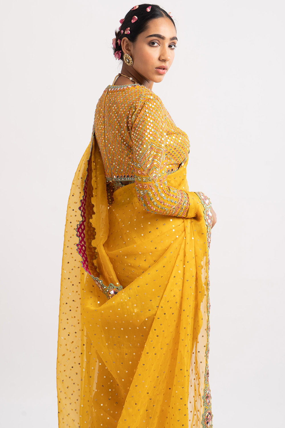 Yellow Hand Cut Mirror Border Saree Set
