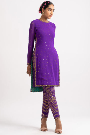 Purple Round Neck Multi Geo Pant Kurta Set