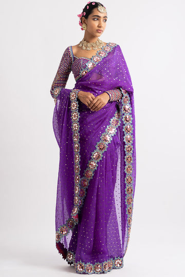 Purple Hand Cut Mirror Border Saree Set