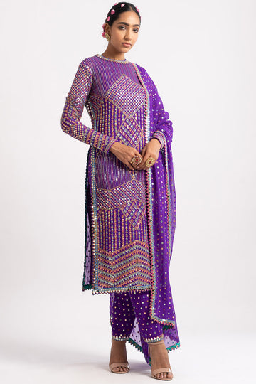 Purple Multi Embroidery Round Neck Kurta Set