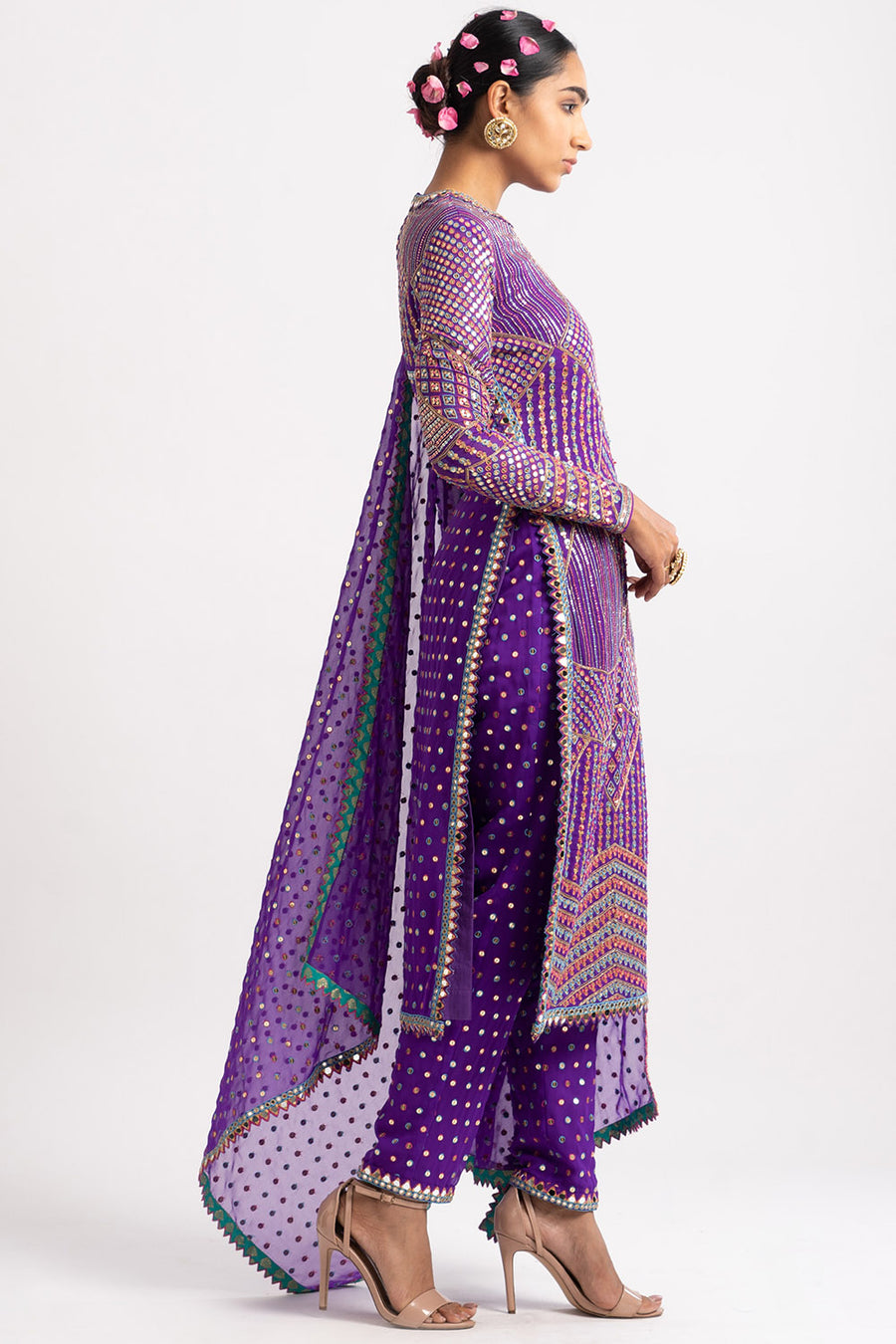 Purple Multi Embroidery Round Neck Kurta Set