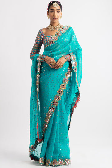 Peacock Green Hand Cut Mirror Border Saree Set