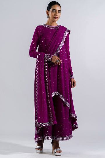 Pop Wine Asymetrical Kura Set With Dupatta