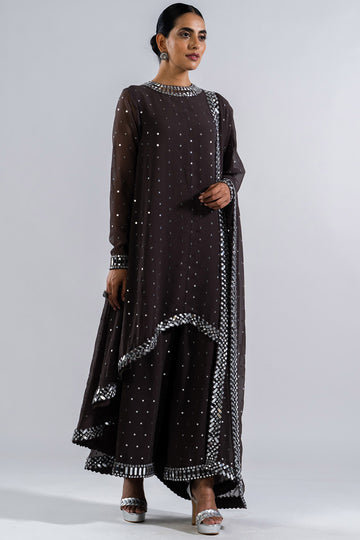 Charcoal Grey Asymmetrical Kurta Set With Dupatta