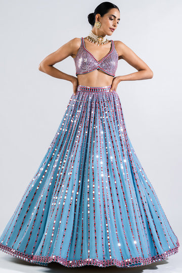 Ice Blue Linear Drop Lehenga With Blouse