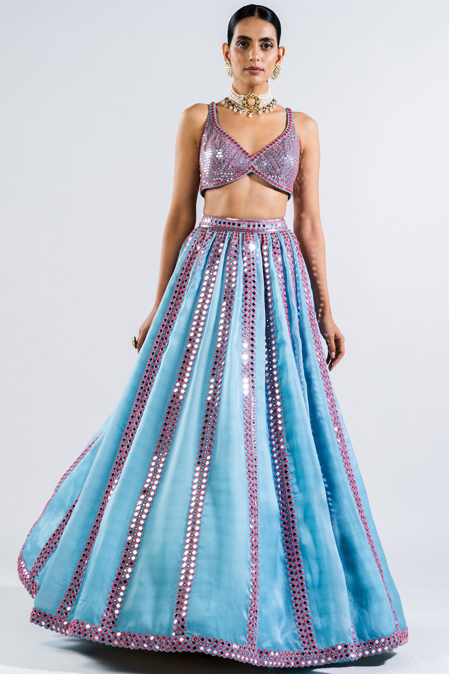 Ice Blue Mirror Seam Lehenga Set