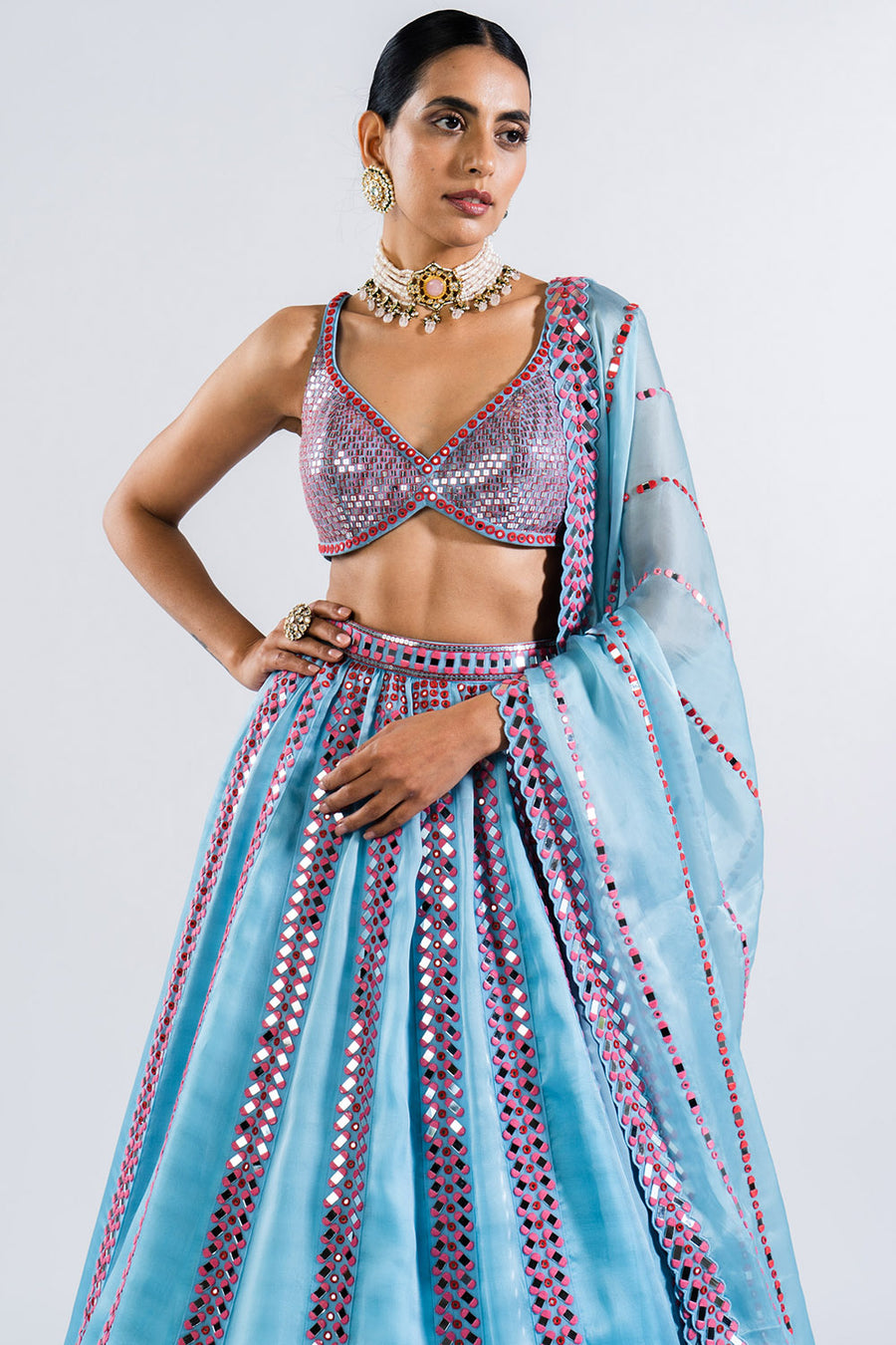 Ice Blue Mirror Seam Lehenga Set